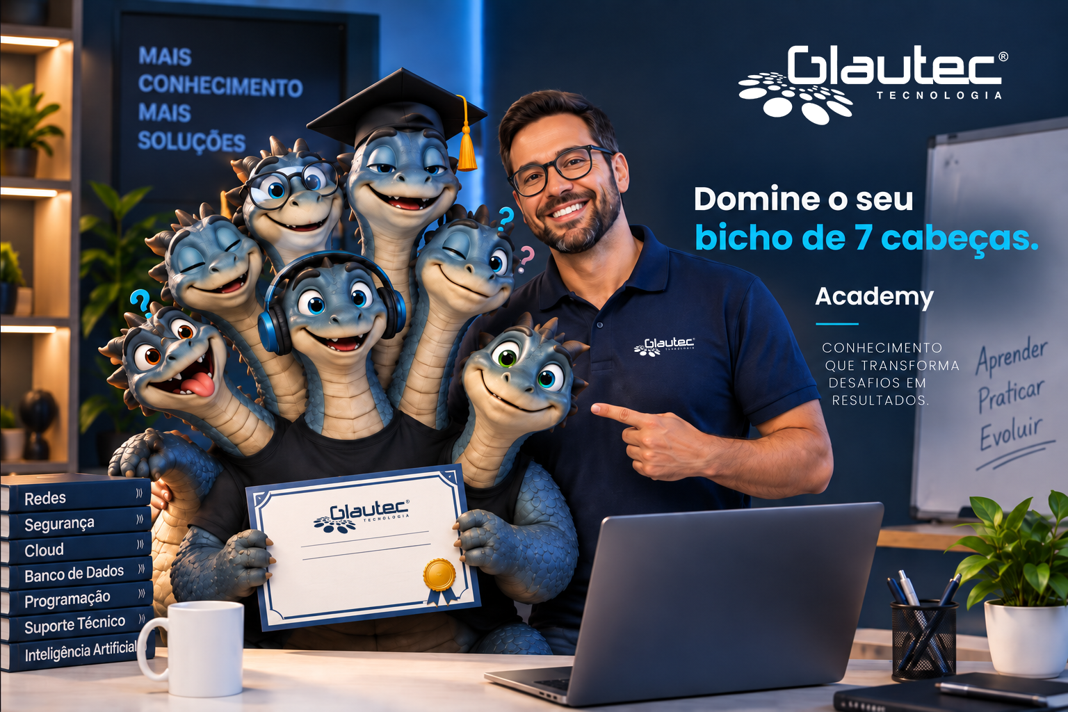 Professor da Glautec Academy ao lado de um personagem lúdico de sete cabeças em uma sala de tecnologia.